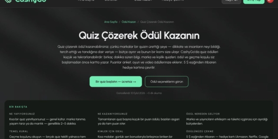 CashyGo quiz görevleri sayfası ekran görüntüsü