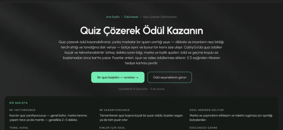 CashyGo quiz görevleri sayfası ekran görüntüsü