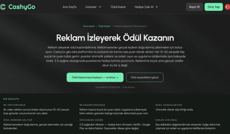 CashyGo reklam izleme görevleri sayfası ekran görüntüsü