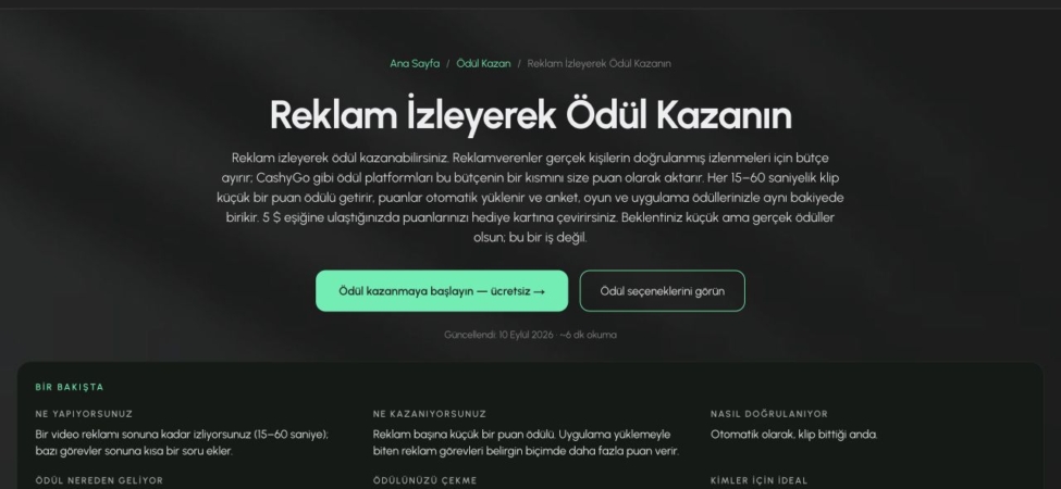 CashyGo reklam izleme görevleri sayfası ekran görüntüsü