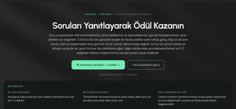 CashyGo kısa soru görevleri sayfası ekran görüntüsü