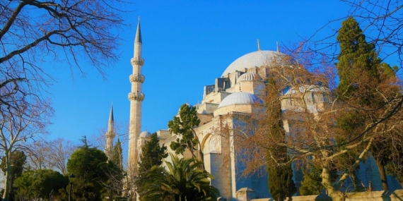 Mavi gökyüzü altında, ağaçların arkasında yükselen kubbeli ve minareli Süleymaniye Camii