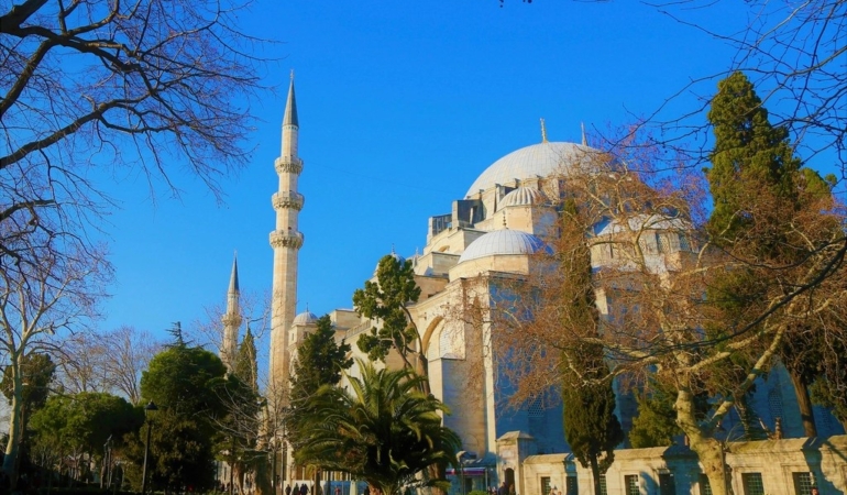 Mavi gökyüzü altında, ağaçların arkasında yükselen kubbeli ve minareli Süleymaniye Camii