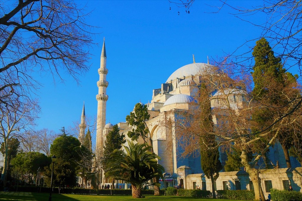 Mavi gökyüzü altında, ağaçların arkasında yükselen kubbeli ve minareli Süleymaniye Camii